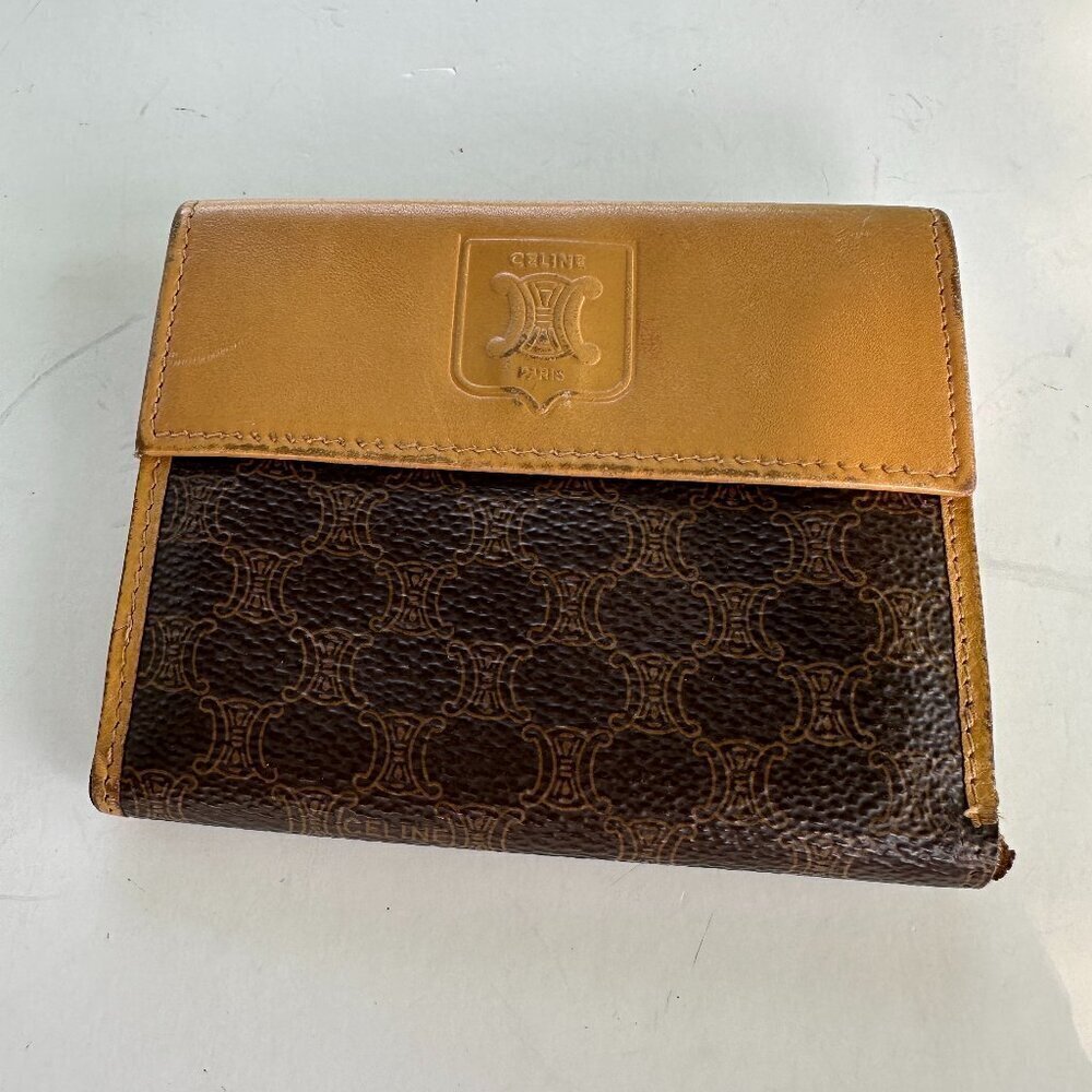 CELINE Macadam Bifold Wallet Brown PVC Leather Coin Purse Vintage